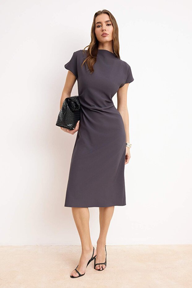 Charcoal Grey A-Line Midi Woven Dress – F A R I D A
