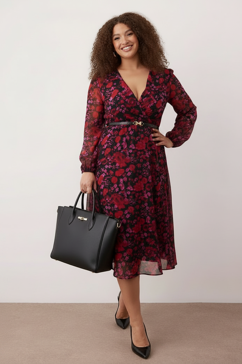 Burgundy Floral Belted Dress