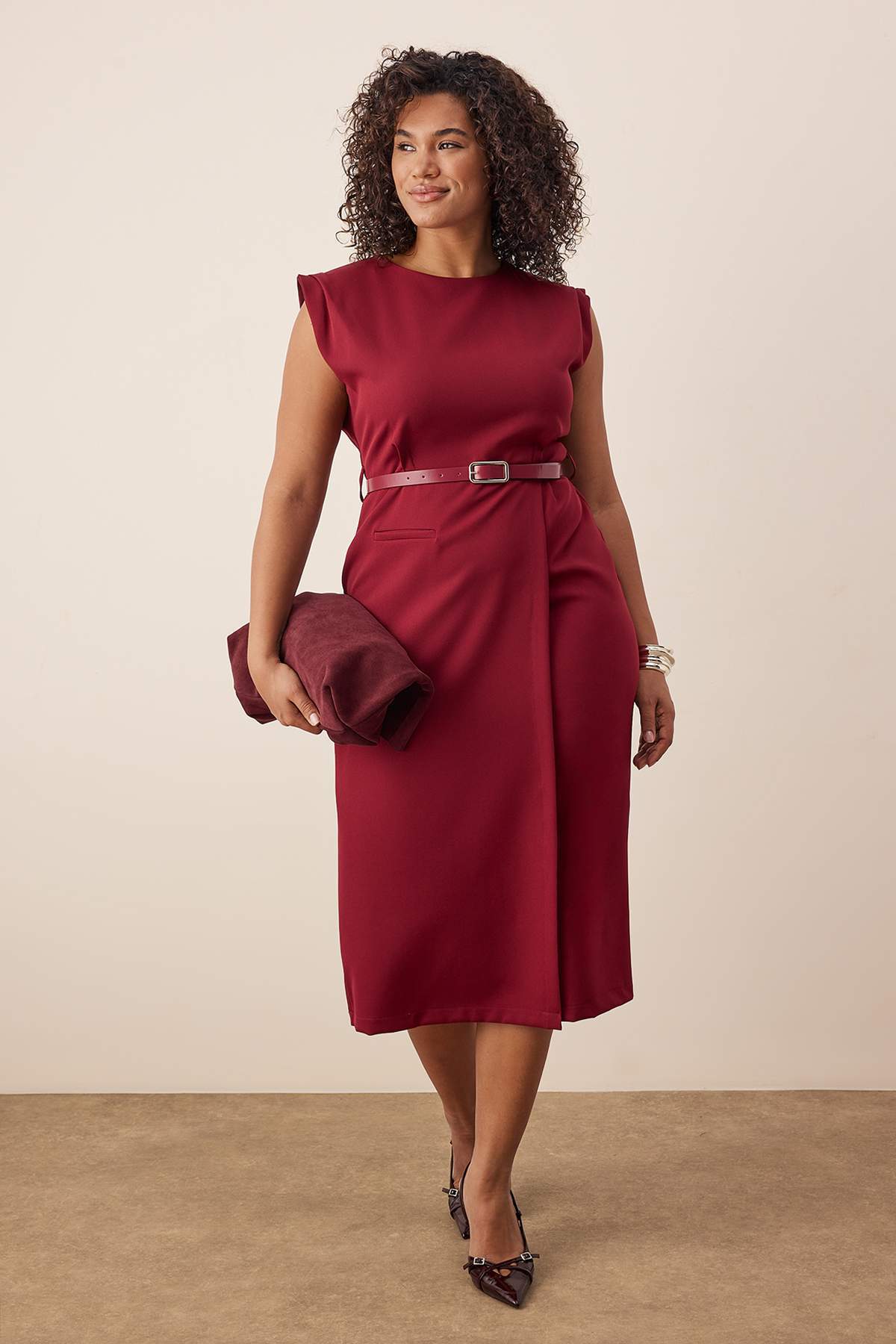 Burgundy Sleeveless Woven Midi Dress