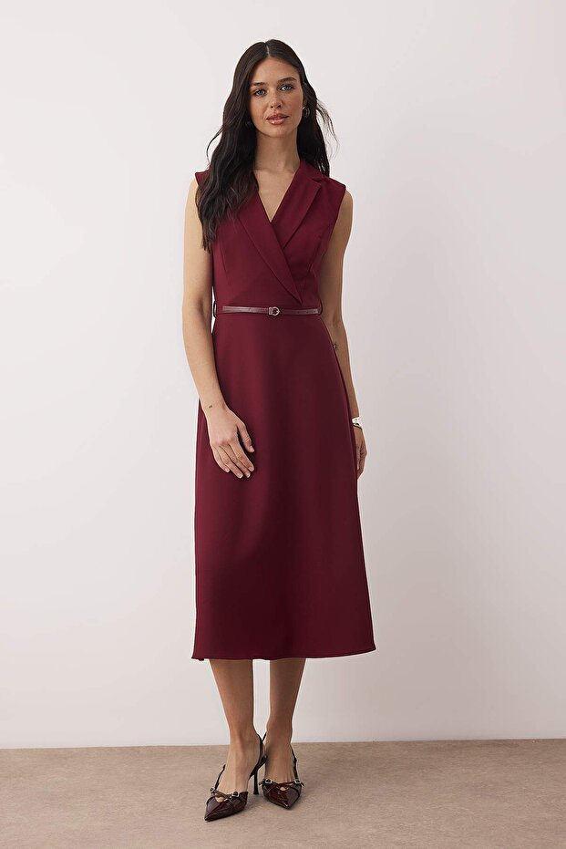 Dark Burgundy Midi Woven Dress with Belt