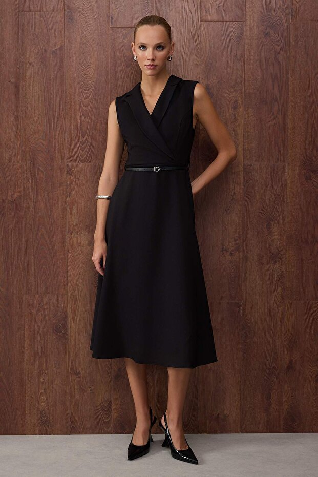 Black Belt Detail Midi Woven Dress