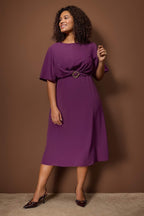 Royal Purple Flutter-Sleeve Belted Midi Dress