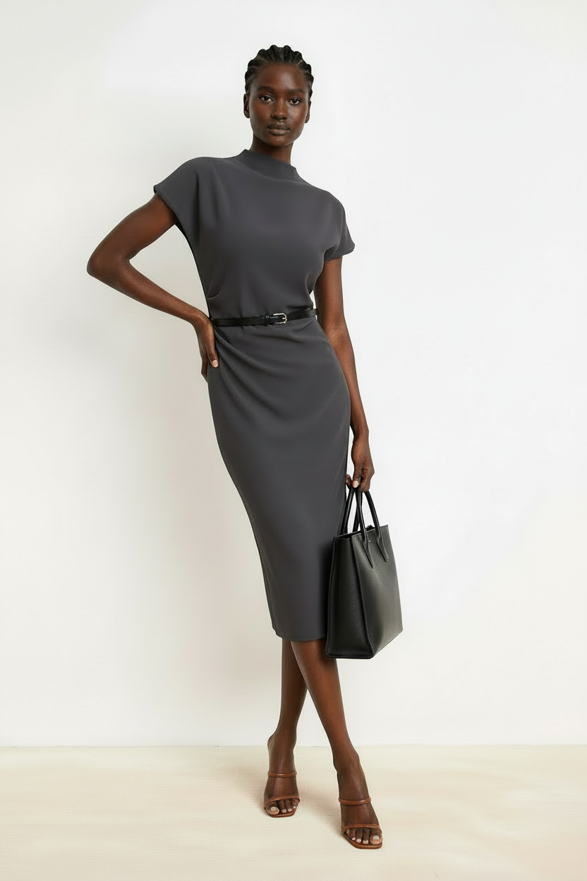Charcoal Grey A-Line Midi Woven Dress