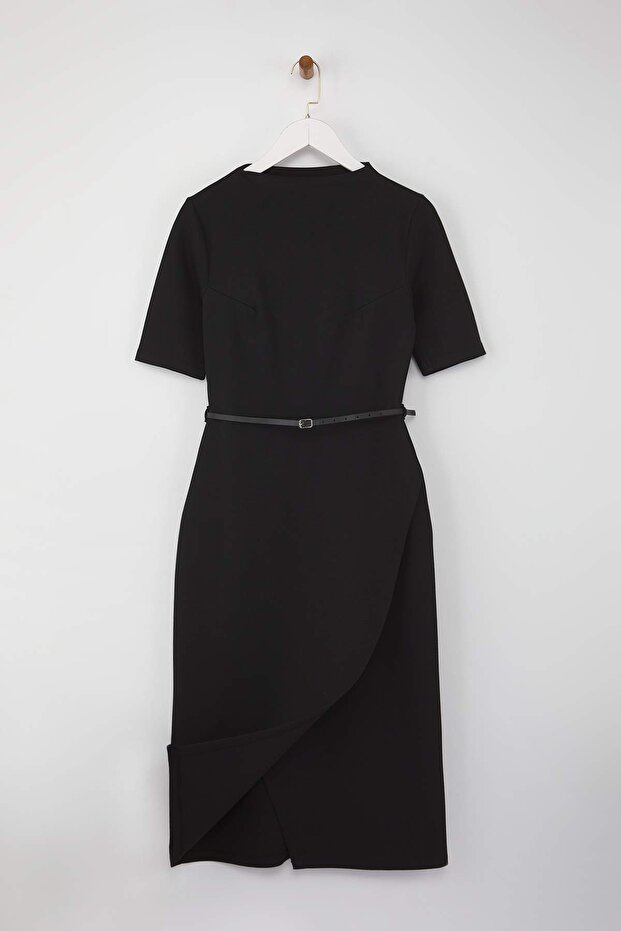 Black Midi Belted Knit Dress