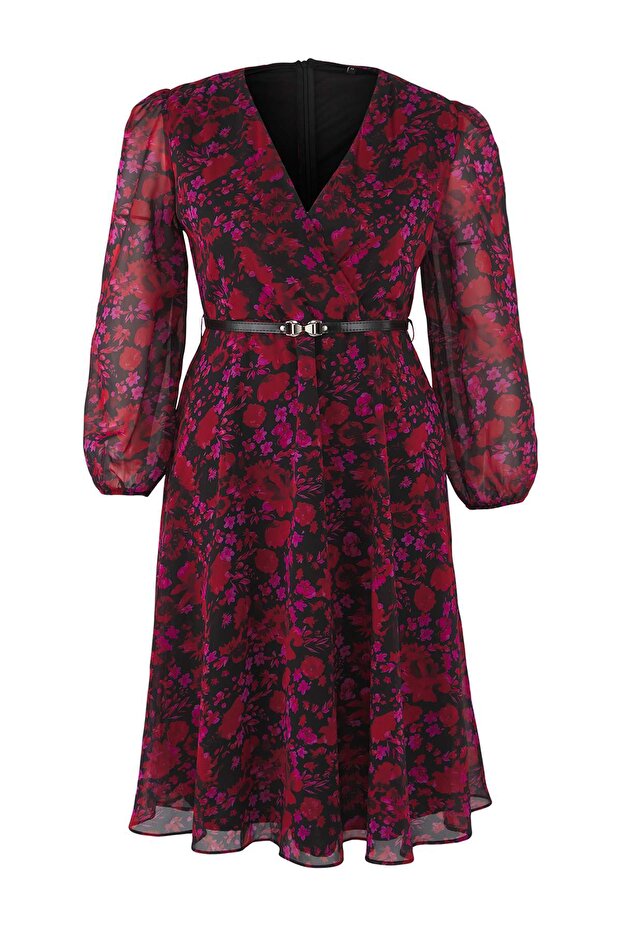 Burgundy Floral Belted Dress