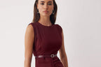 Burgundy Woven Midi Dress with Belt Detail