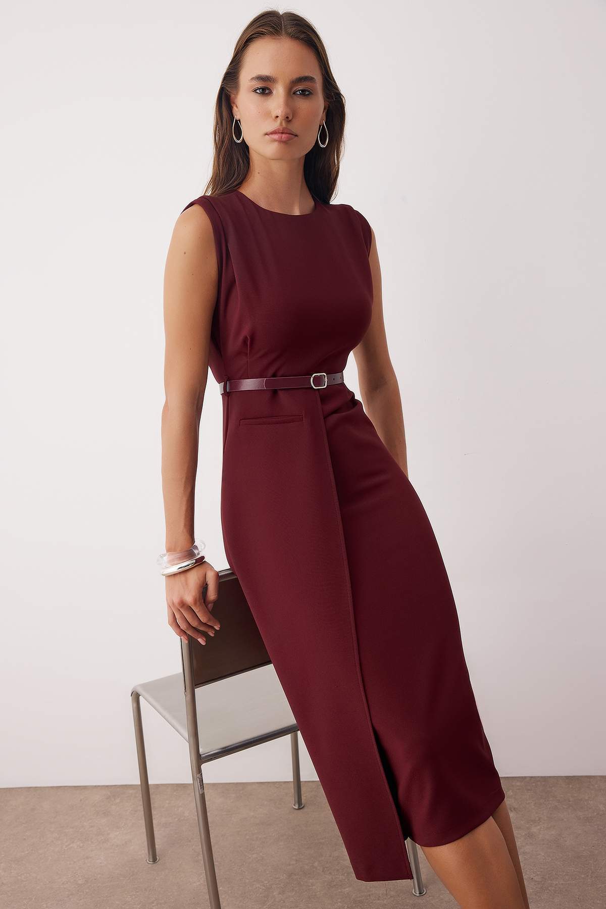 knee length dresses for ladies Women's Wrap Dress with Pockets – Flattering Stretch Midi Dress for Work, Events, and Everyday | Sisu main image 0