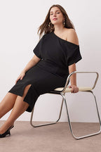 Asymmetrical Neckline Slit Crepe Dress