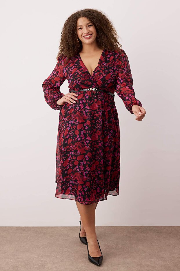 Burgundy Floral Belted Dress