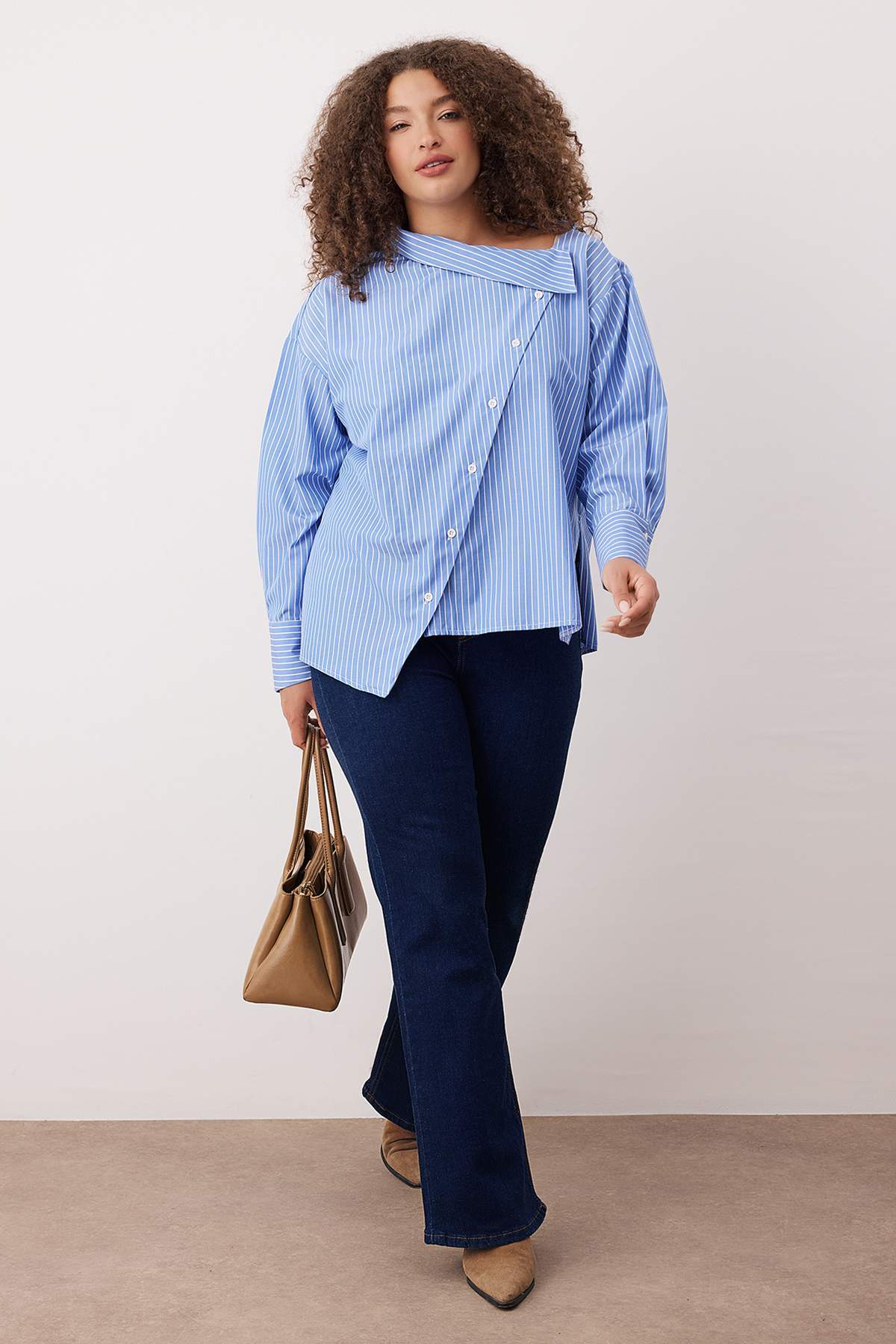 Blue Striped Asymmetric Collar Shirt