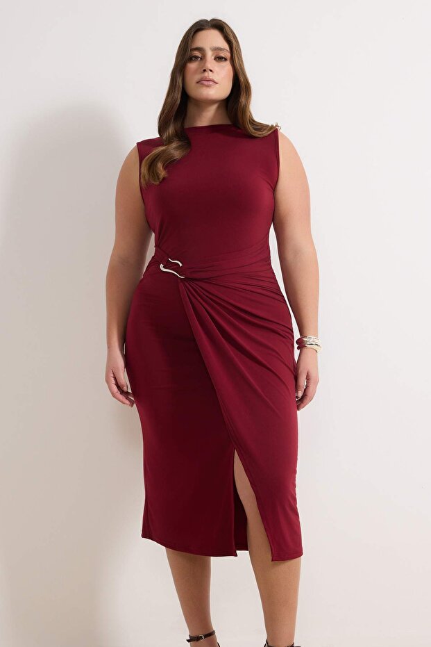 Burgundy Bodycon Midi Dress with Accessory Details
