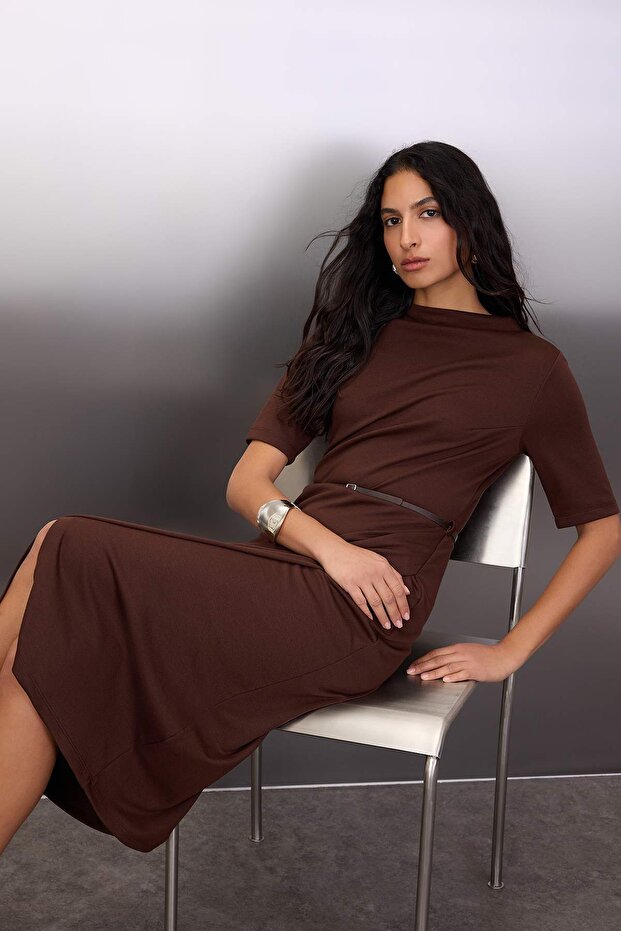 Brown Belted Midi Knit Dress