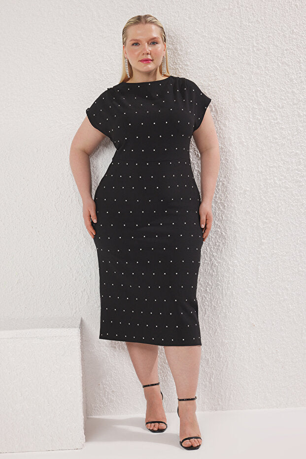 Plus Size Black Stoned Dinner Dress