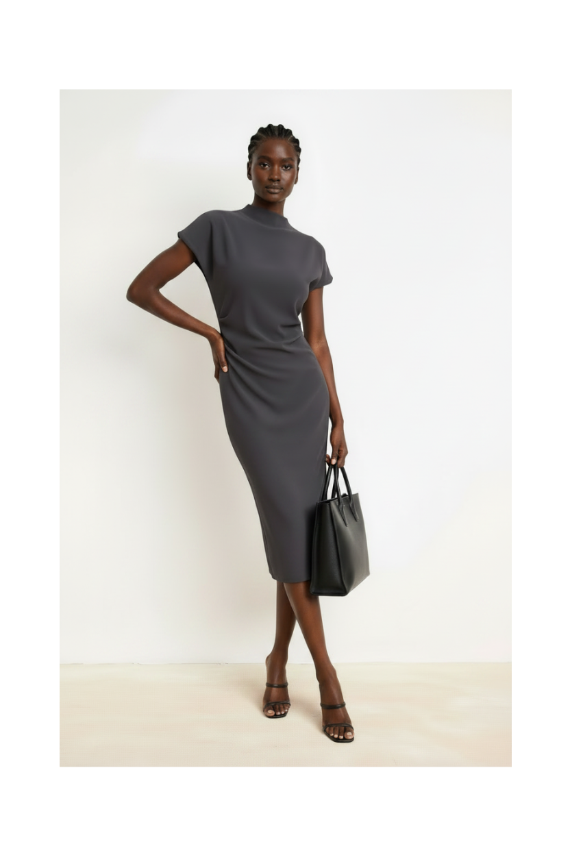 Charcoal Grey A-Line Midi Woven Dress