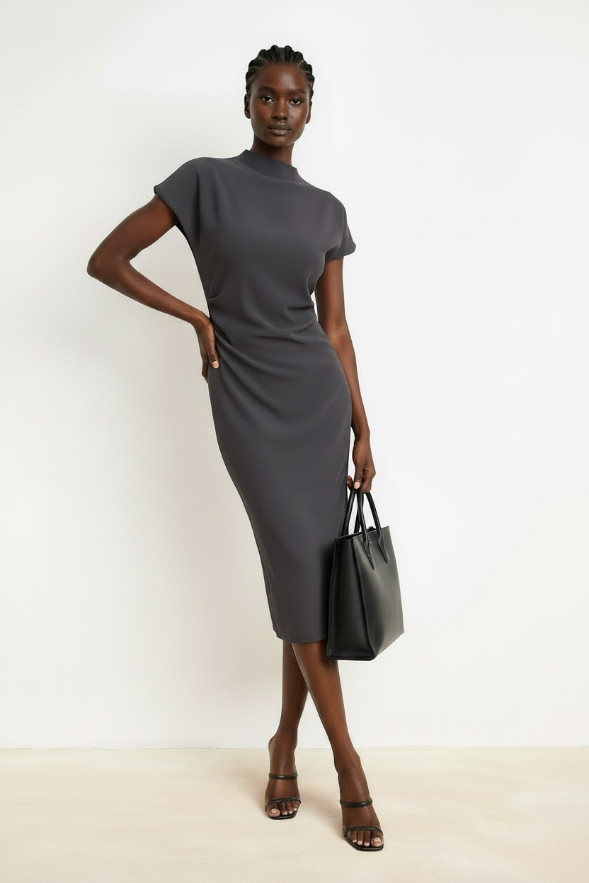 Charcoal Grey A-Line Midi Woven Dress