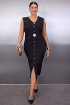 Black Belted Midi Woven Dress