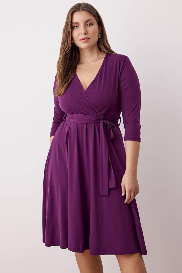 Purple Belted A-line Dress