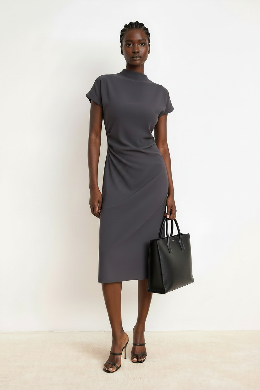Charcoal Grey A-Line Midi Woven Dress