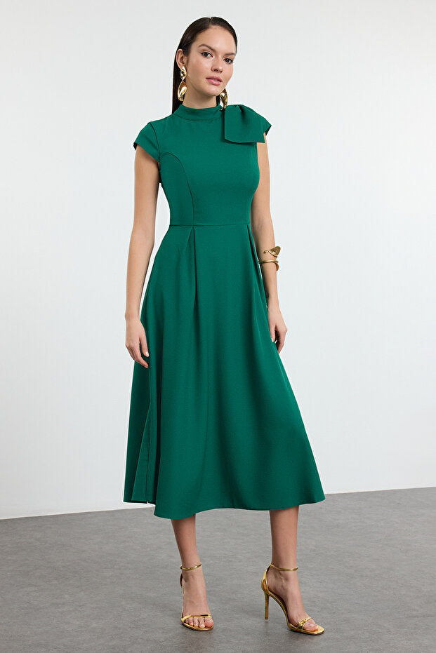 Green A-Line Pleated Woven Dress