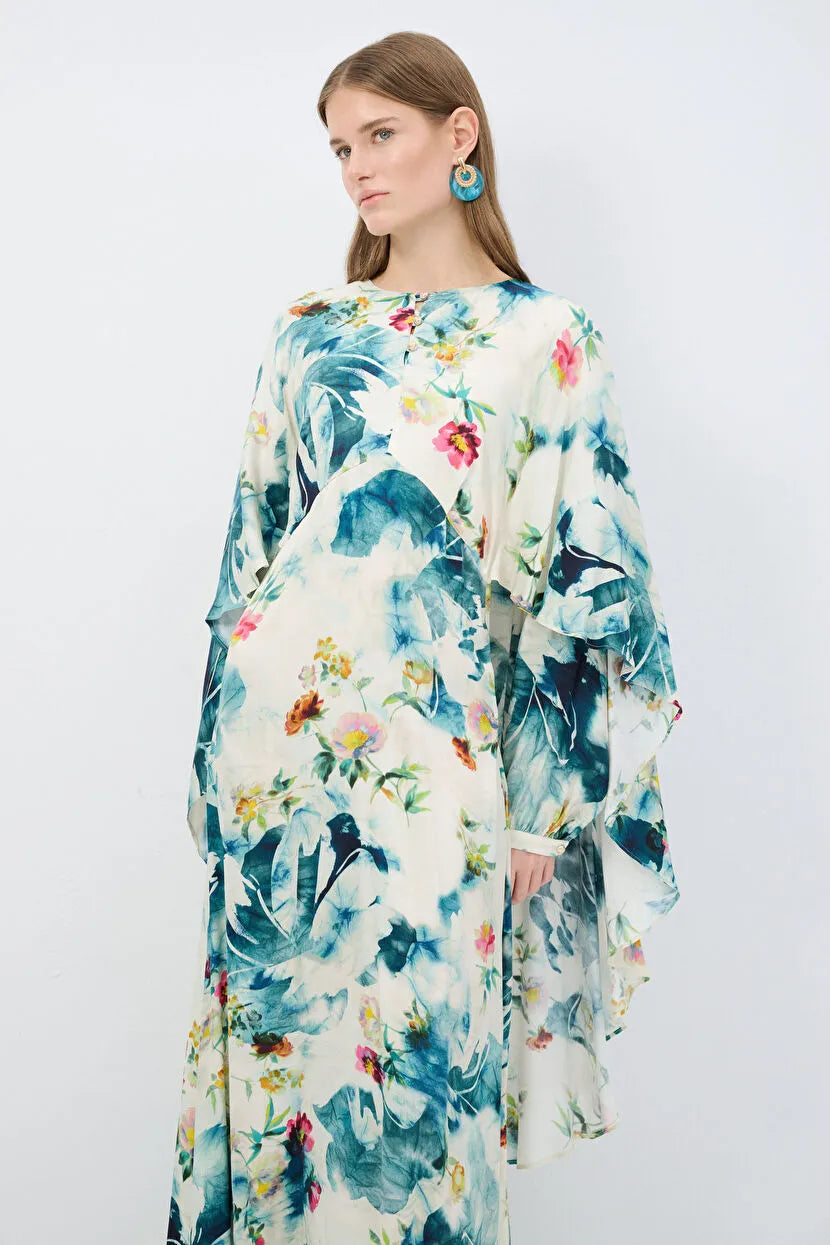 Blue Flounced Sleeve Long Dress
