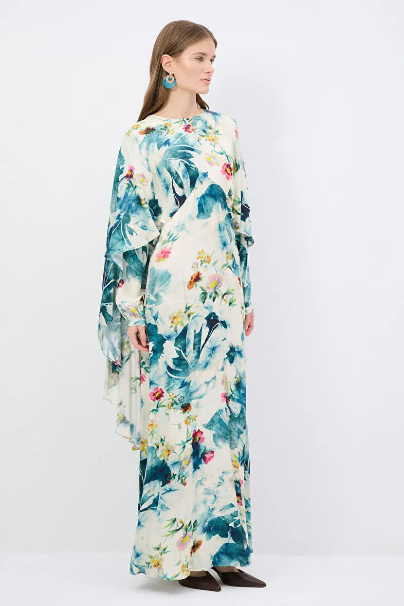 Blue Flounced Sleeve Long Dress