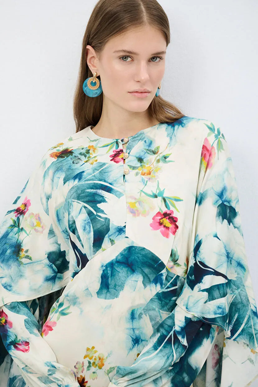 Blue Flounced Sleeve Maxi Dress