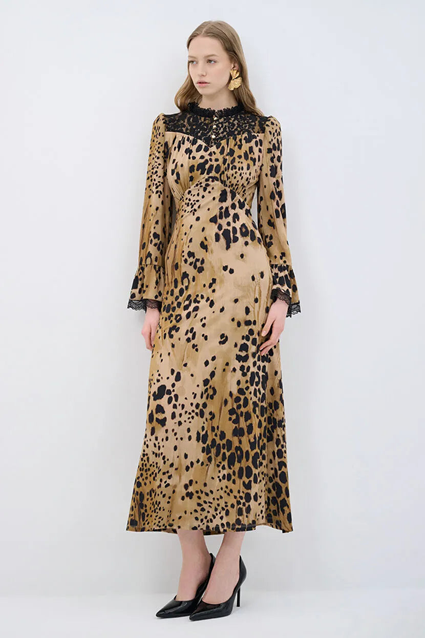 Leopard Lace Detailed Long Dress