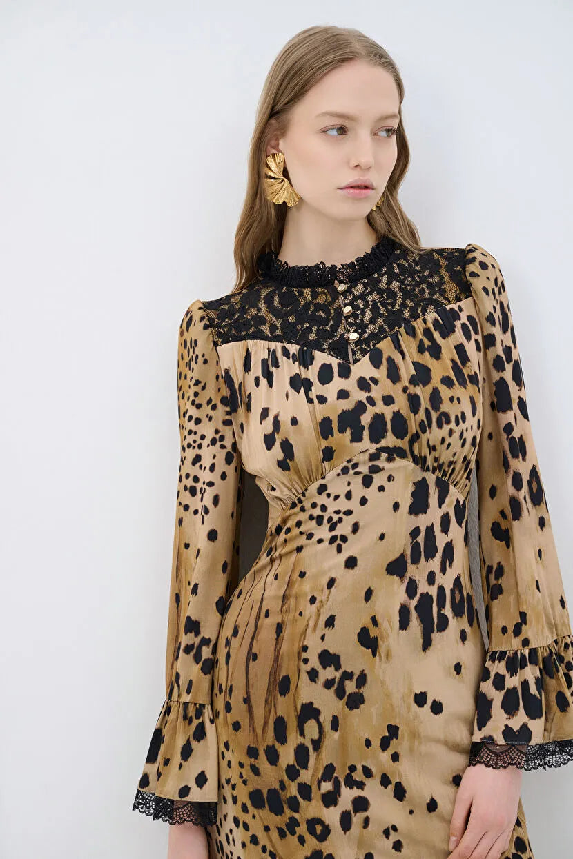 Leopard Lace Detailed Long Dress