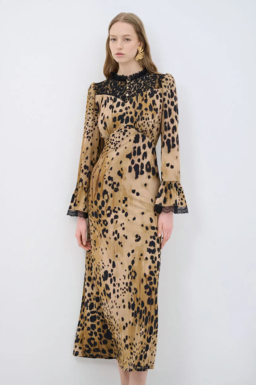 Leopard Lace Detailed Long Dress