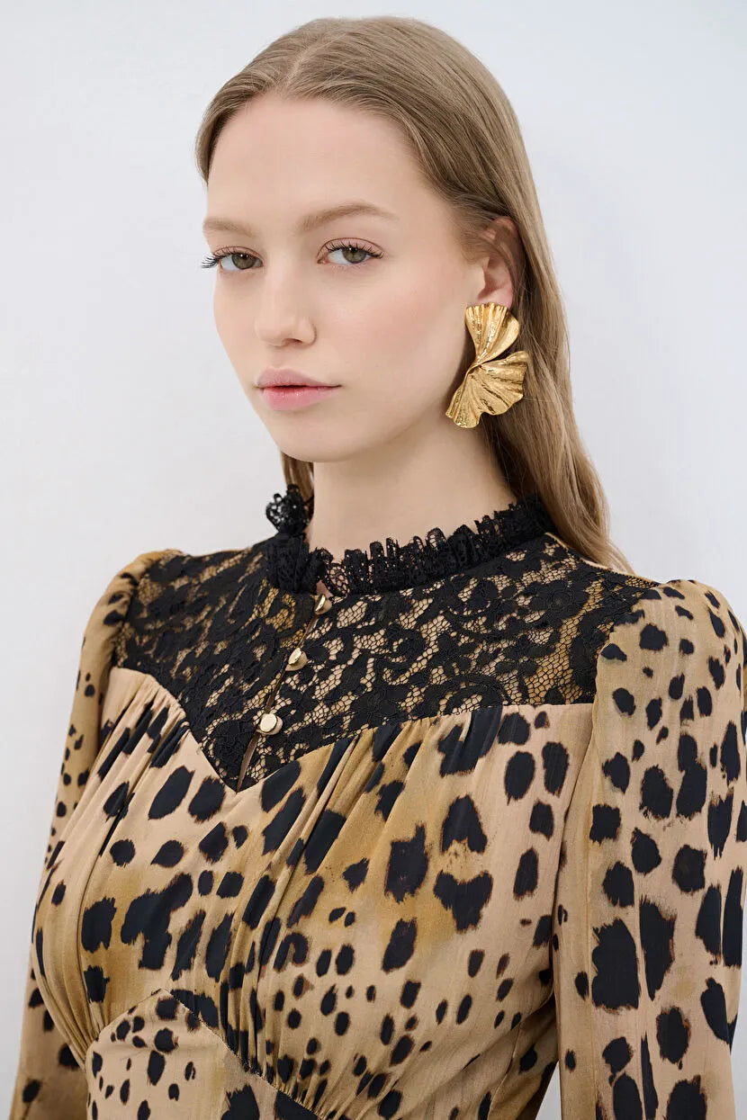 Leopard Lace Detailed Long Dress