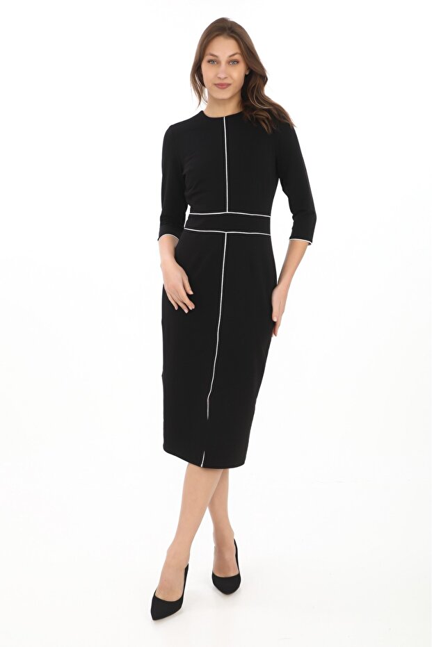 Piping Detail Crew Neck Midi Dress