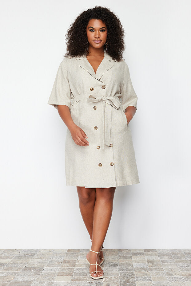 Beige Double-Breasted Woven Jacket Linen Blend Dress