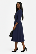 Navy Blue Midi Dress with Belt Detail
