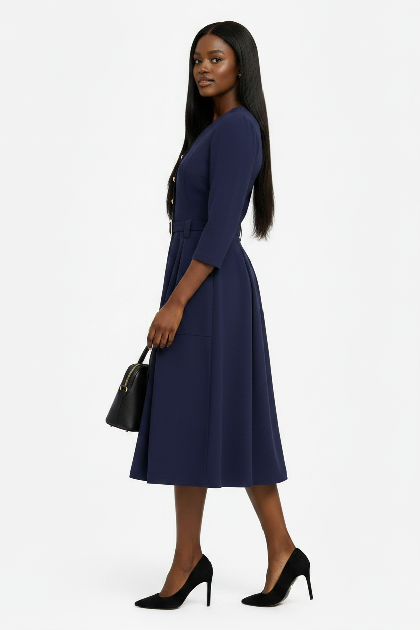 Navy Blue Midi Dress with Belt Detail