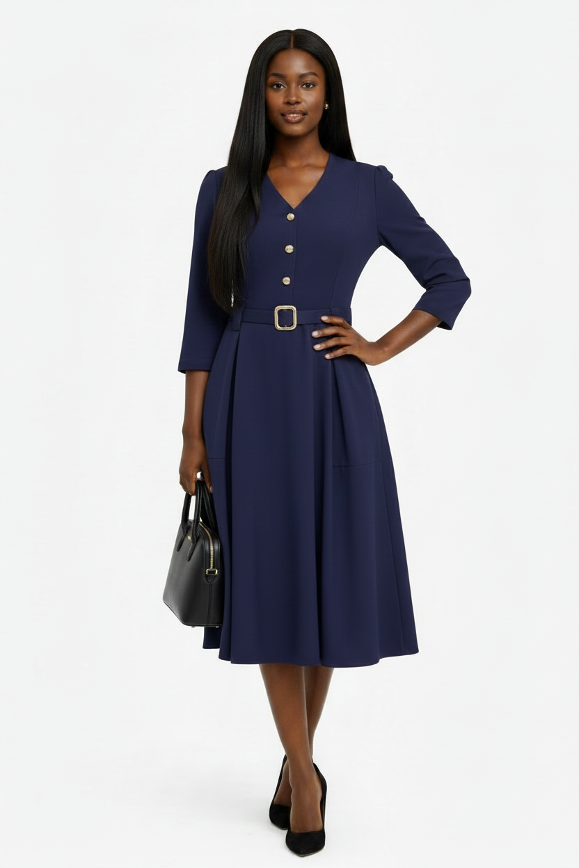Navy Blue Midi Dress with Belt Detail