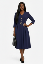 Navy Blue Midi Dress with Belt Detail