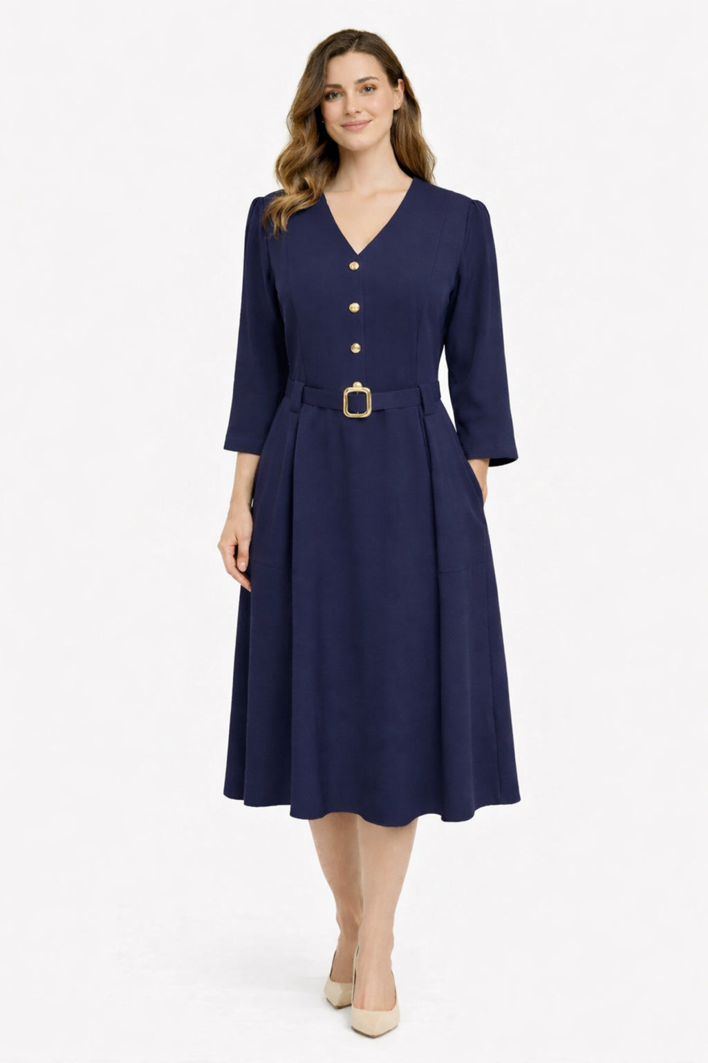 Navy Blue Midi Dress with Belt Detail