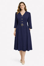 Navy Blue Midi Dress with Belt Detail