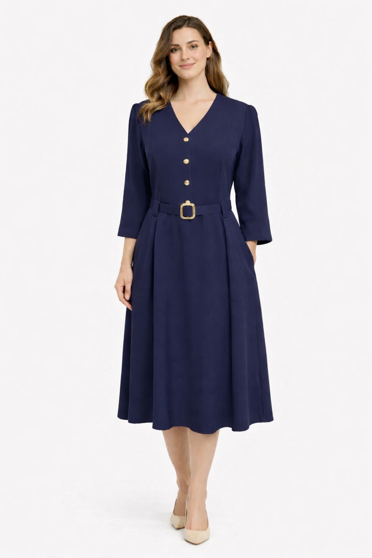 Navy Blue Midi Dress with Belt Detail