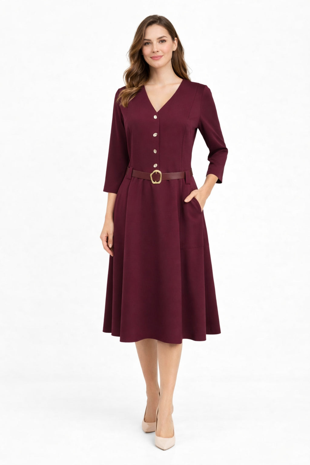 Burgundy Belt Detail Midi Dress
