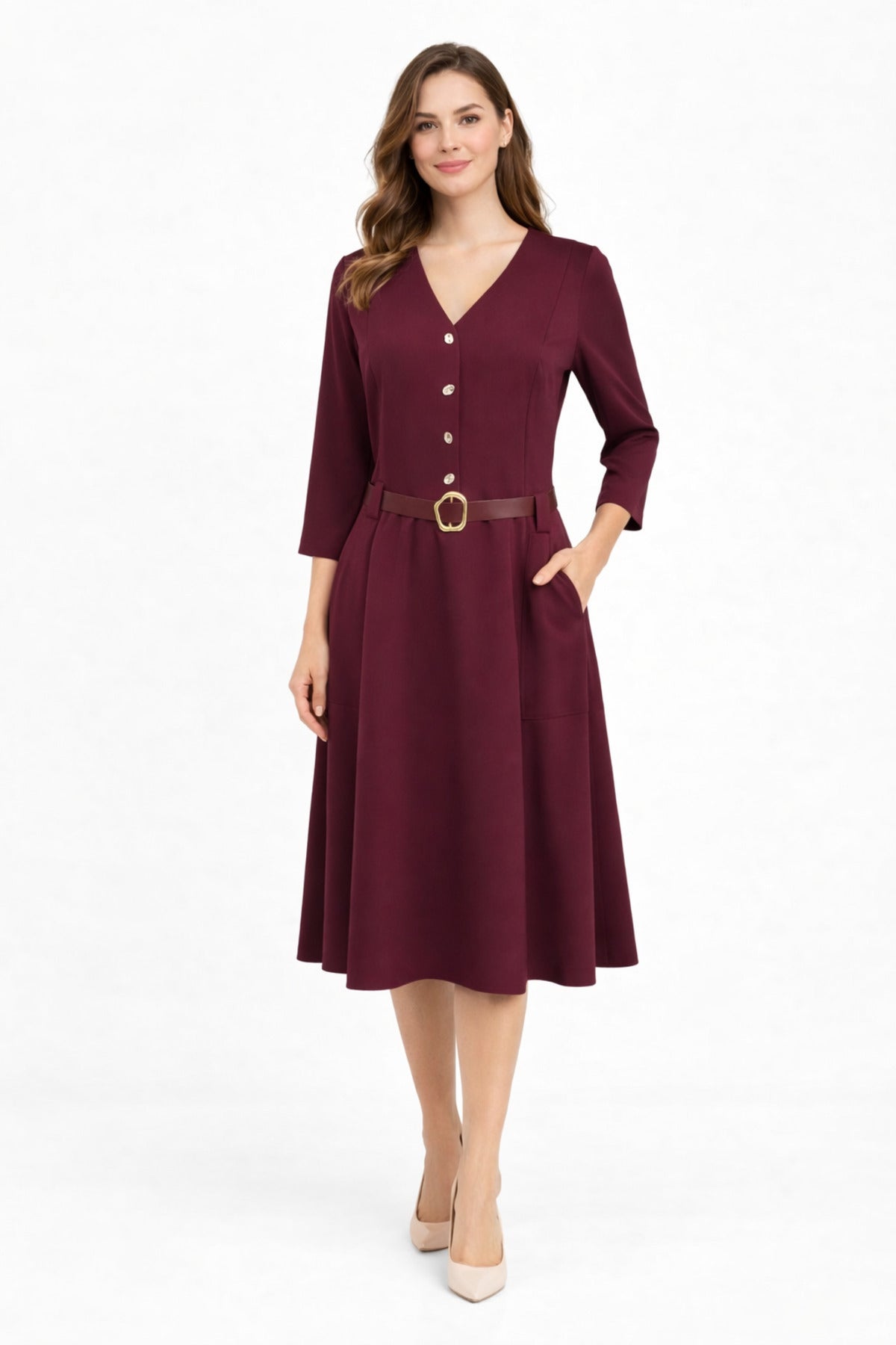 Burgundy Belt Detail Midi Dress