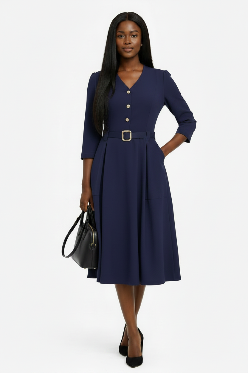 Navy Blue Midi Dress with Belt Detail