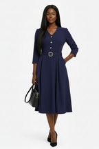 Navy Blue Midi Dress with Belt Detail