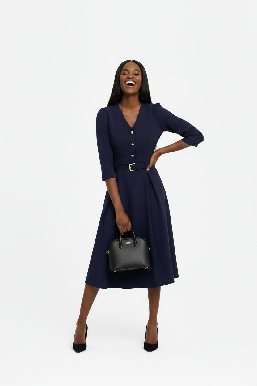 Navy Blue Midi Dress with Belt Detail