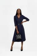 Navy Blue Midi Dress with Belt Detail