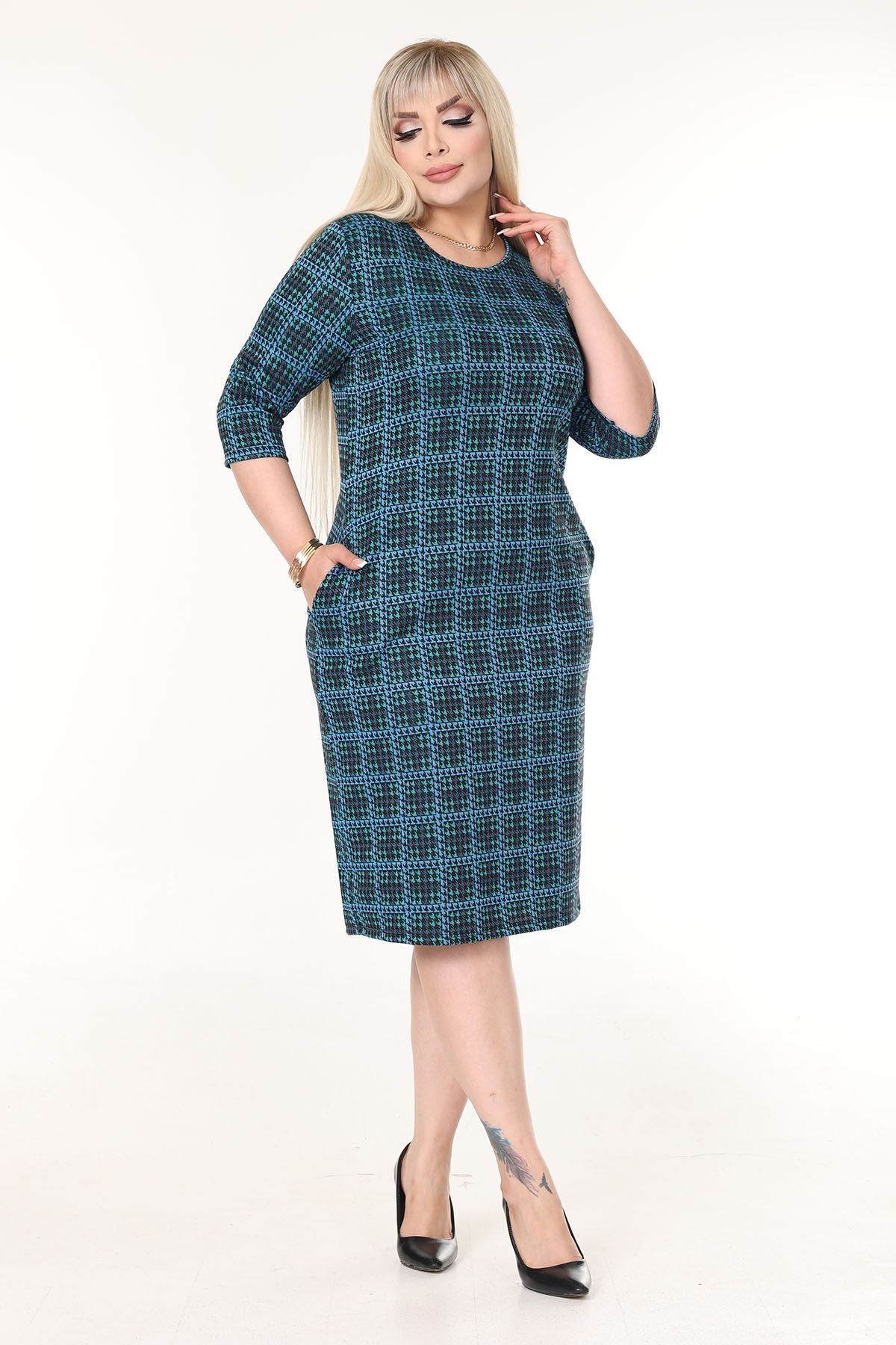 Teal Textured Midi Dress with Pockets