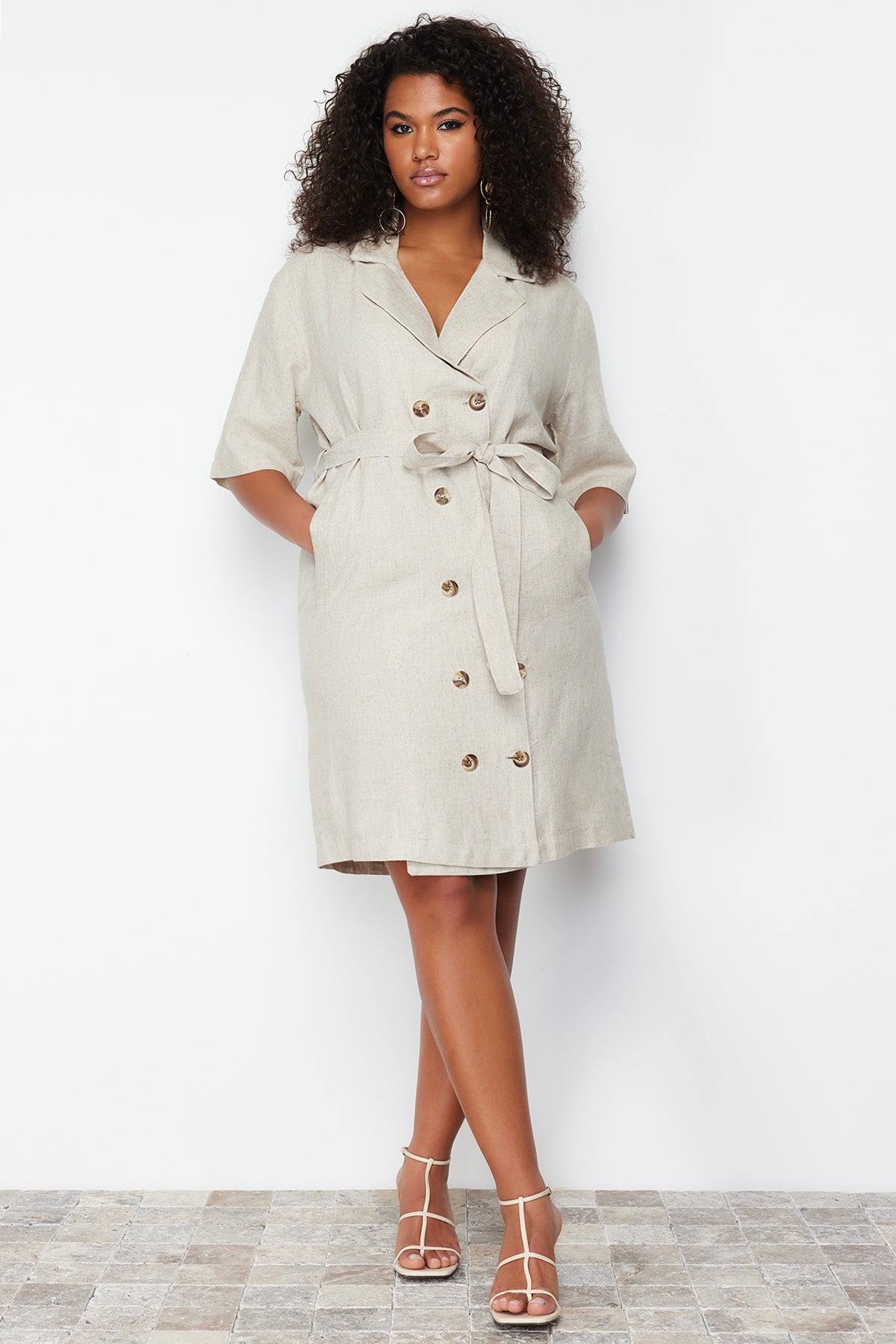 Beige Double-Breasted Woven Jacket Linen Blend Dress