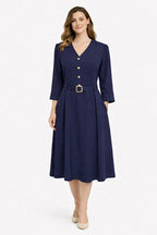 Navy Blue Midi Dress with Belt Detail