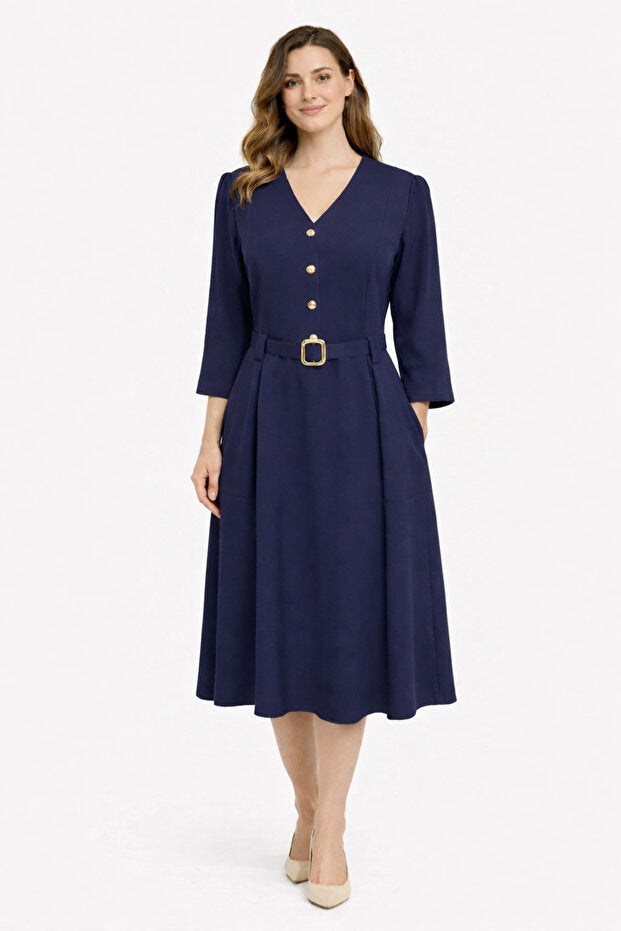 Navy Blue Midi Dress with Belt Detail