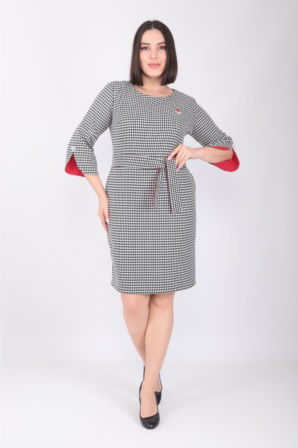 Plus Size Black and White Houndstooth Belted